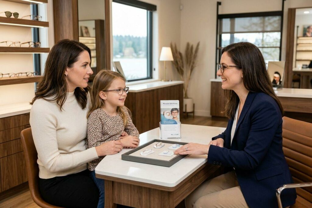 An adult and child sit at an optical shop desk looking at a smiling optometrist gesturing toward a lens tray near a Myopia Solutions sign.
