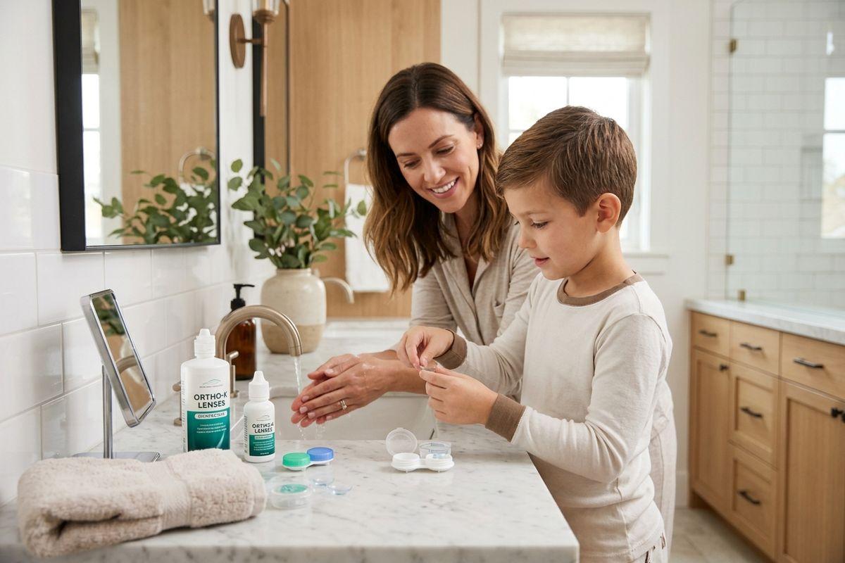 A smiling adult washes hands at a bathroom sink while a child holds a contact lens near cases and bottles labeled Ortho-K Lenses.