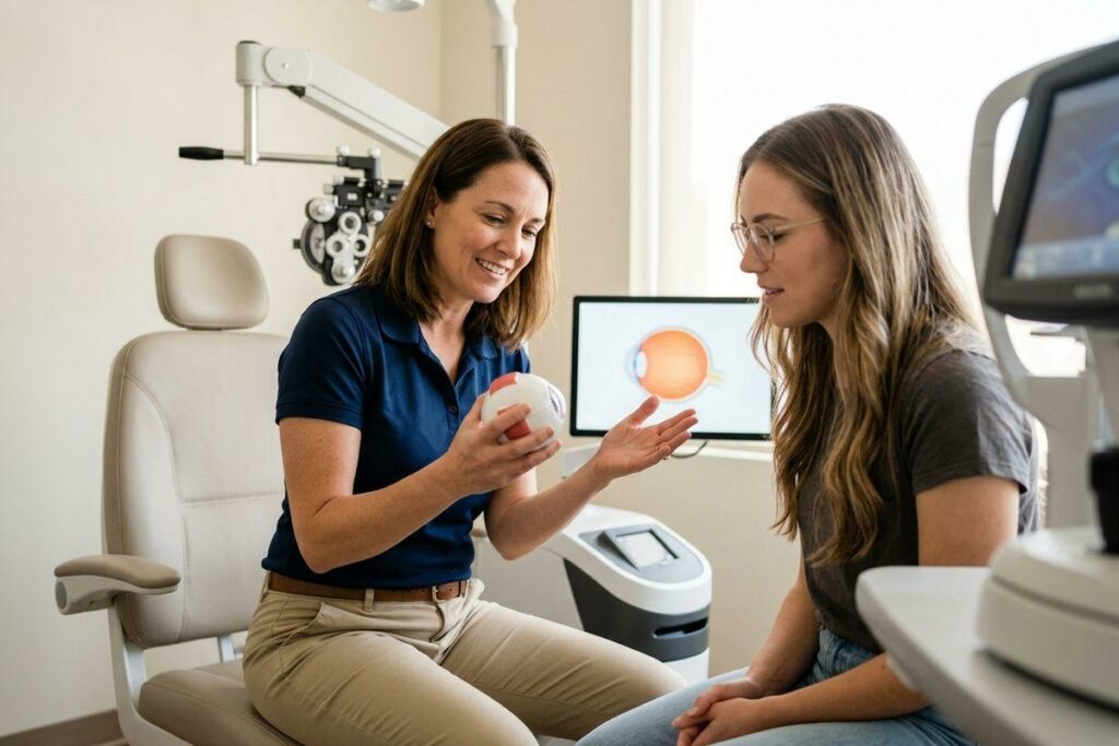 Optometrist holding an eye model while explaining it to a patient in an exam room, with an eye diagram on a screen behind them.