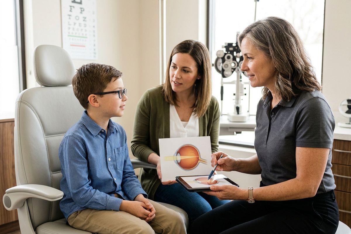 Optometrist points a stylus at a tablet while an adult holds an eye diagram, explaining to a child in glasses seated in an exam chair.