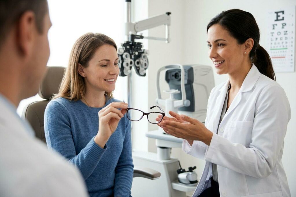 Optometrist smiling as a seated patient holds up a pair of glasses in an exam room with a phoropter and eye chart.