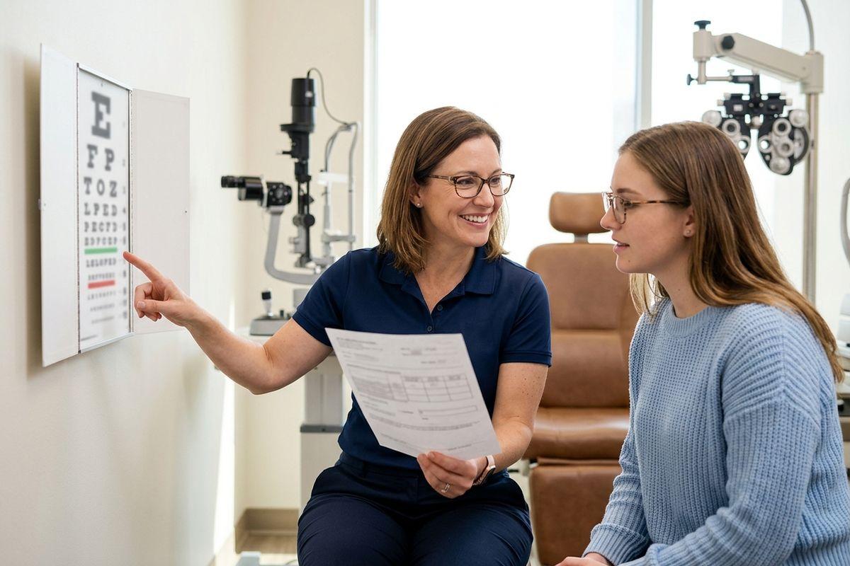 Smiling optometrist points to a wall eye chart while holding a form, seated beside a young patient in an exam room with a phoropter.